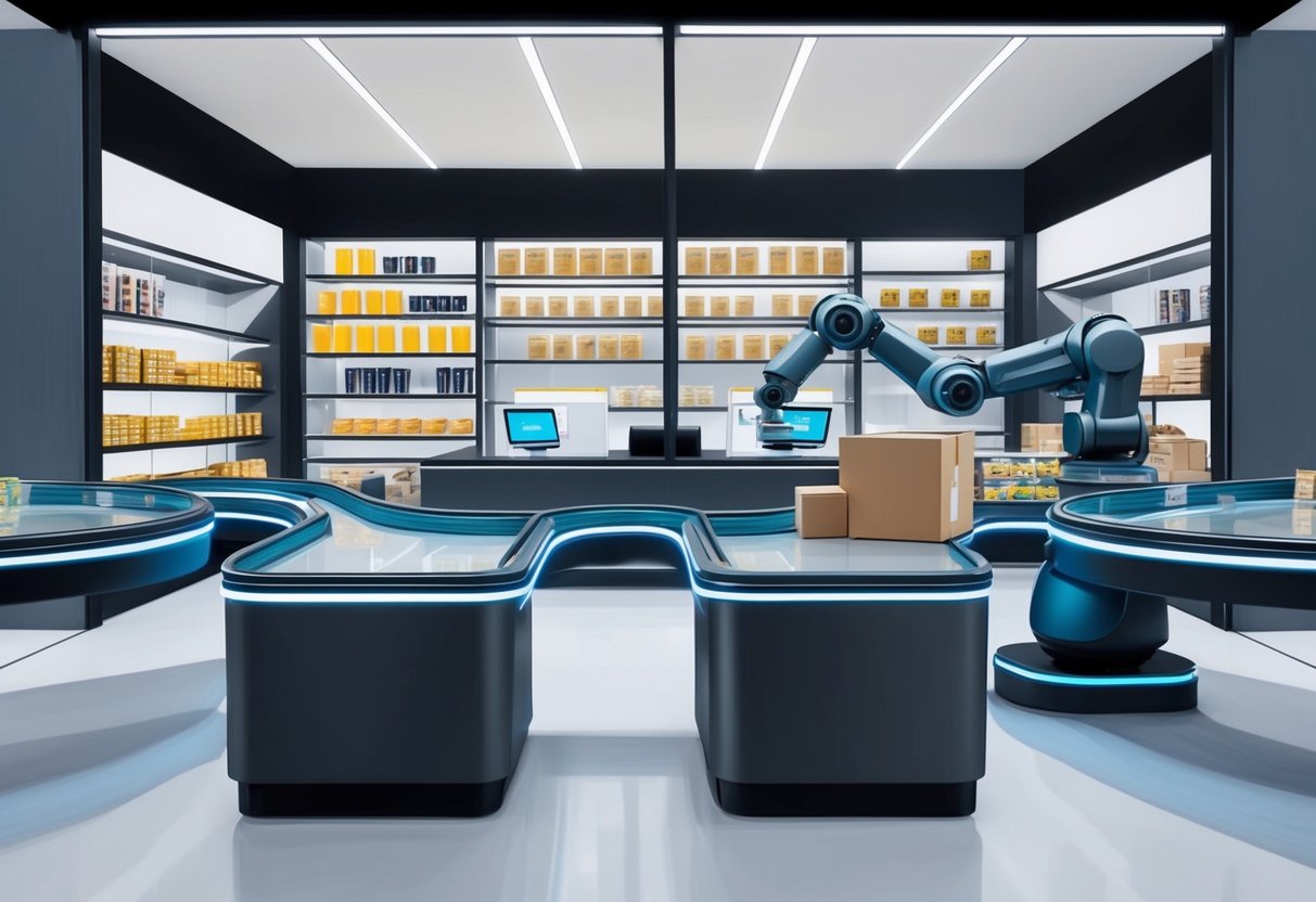 A sleek, modern storefront with conveyor belts moving products from shelves to a checkout counter. A robotic arm packages items for shipping