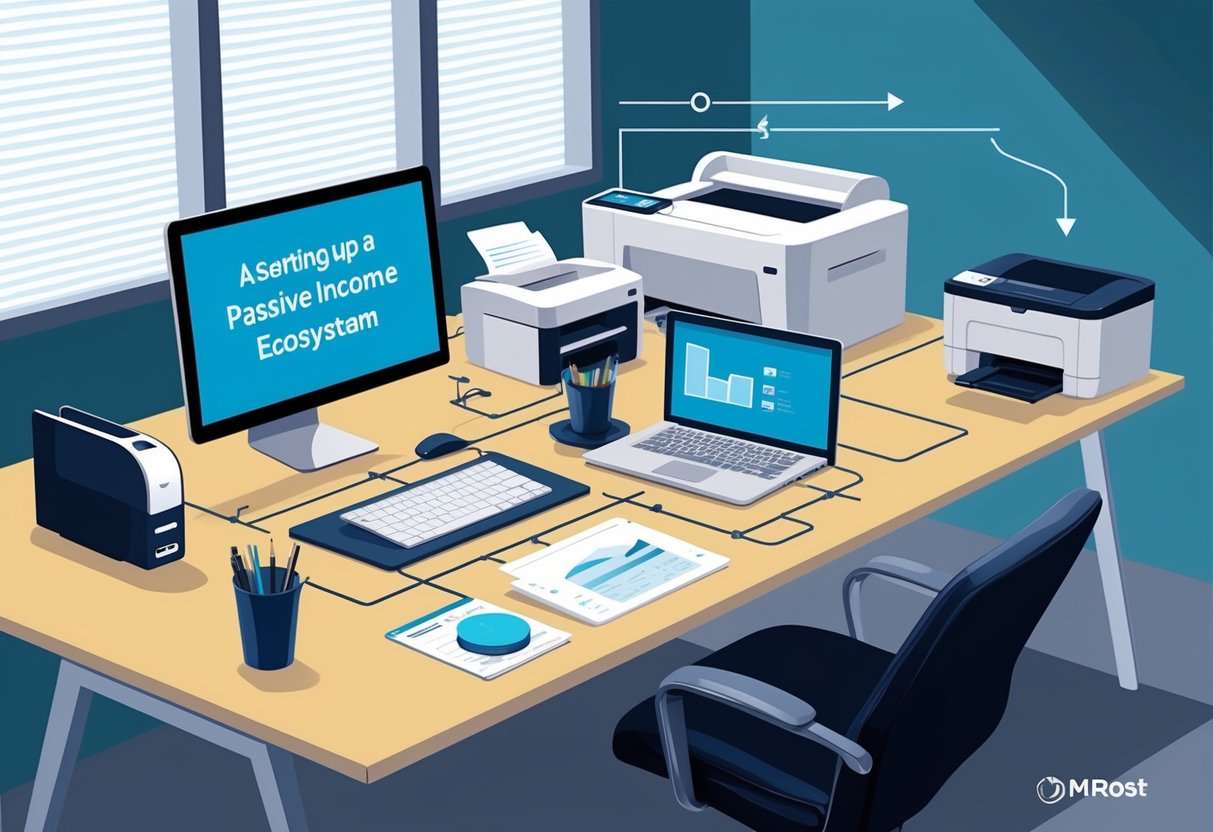 A modern office desk with a computer, printer, and other electronic devices. A flowchart or diagram showing the process of setting up a passive income ecosystem