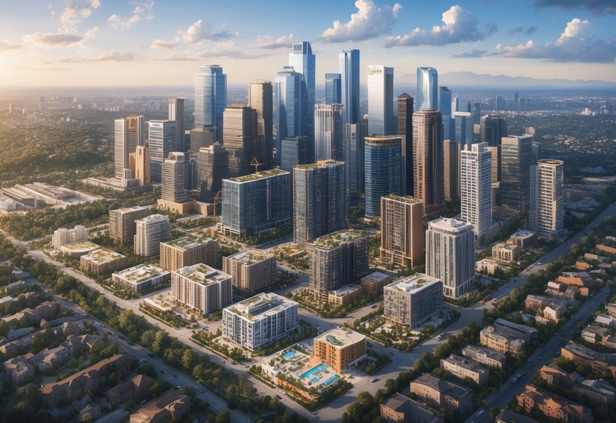 A bustling city skyline with various real estate properties, some under construction, surrounded by a mix of urban and suburban landscapes
