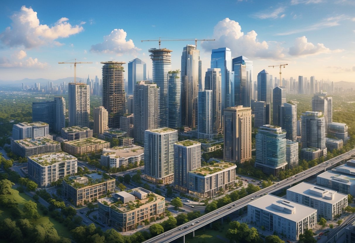 A bustling city skyline with various real estate properties, some under construction, others fully developed, surrounded by greenery and infrastructure