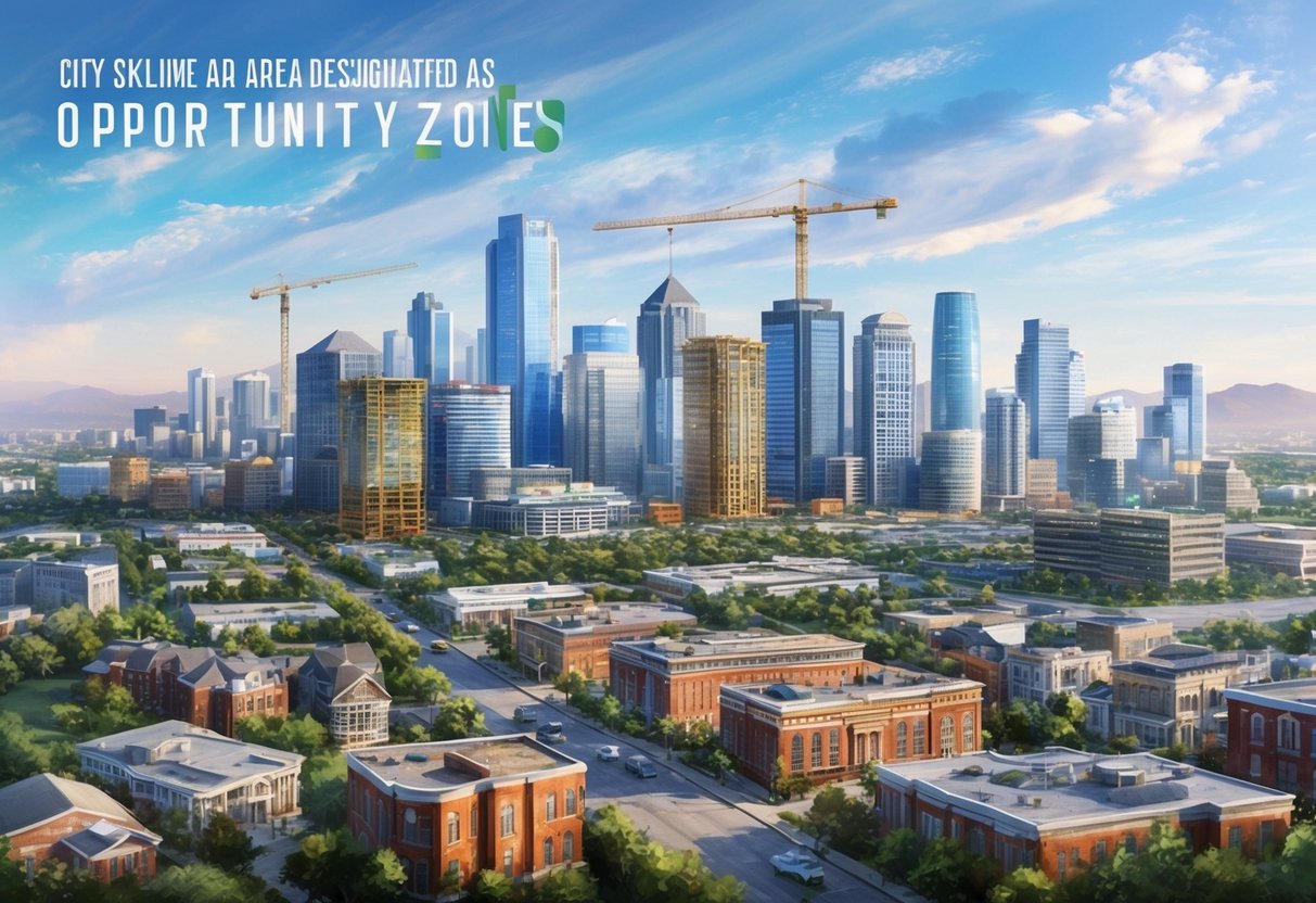 A city skyline with various buildings and properties, some under construction, with a focus on areas designated as Opportunity Zones