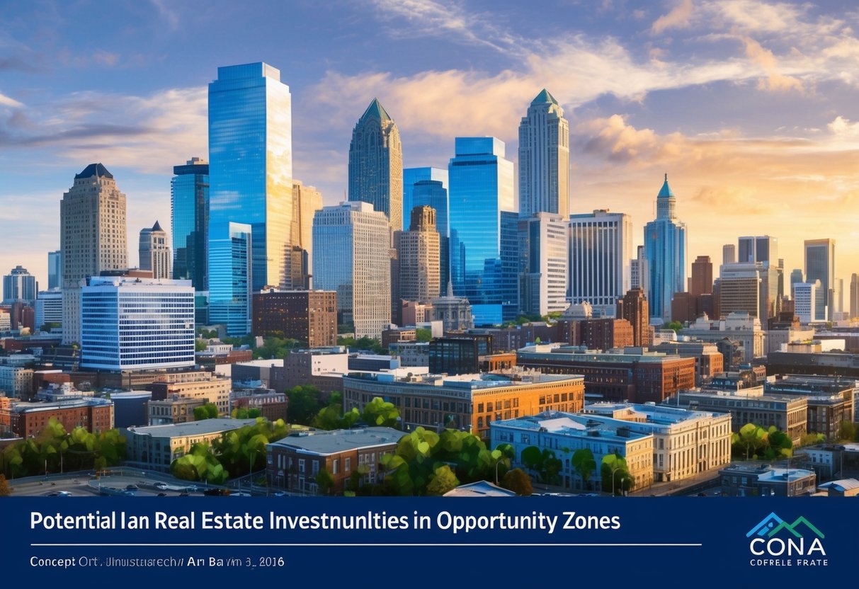 A bustling city skyline with a mix of old and new buildings, showcasing potential real estate investment opportunities in Opportunity Zones