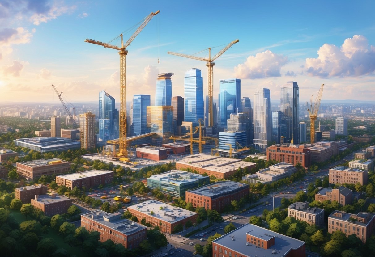 A bustling city skyline with construction cranes, new buildings, and vibrant businesses, surrounded by green spaces and diverse neighborhoods