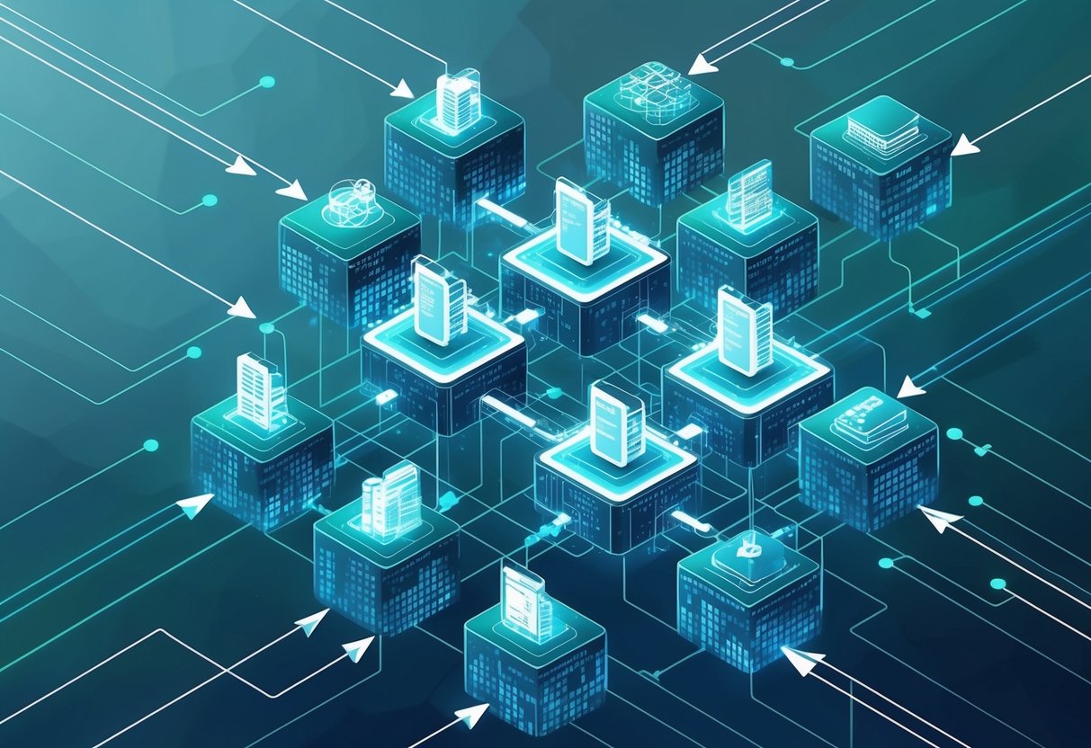 A network of interconnected blocks symbolizing automated investment processes, with arrows representing the flow of data and transactions