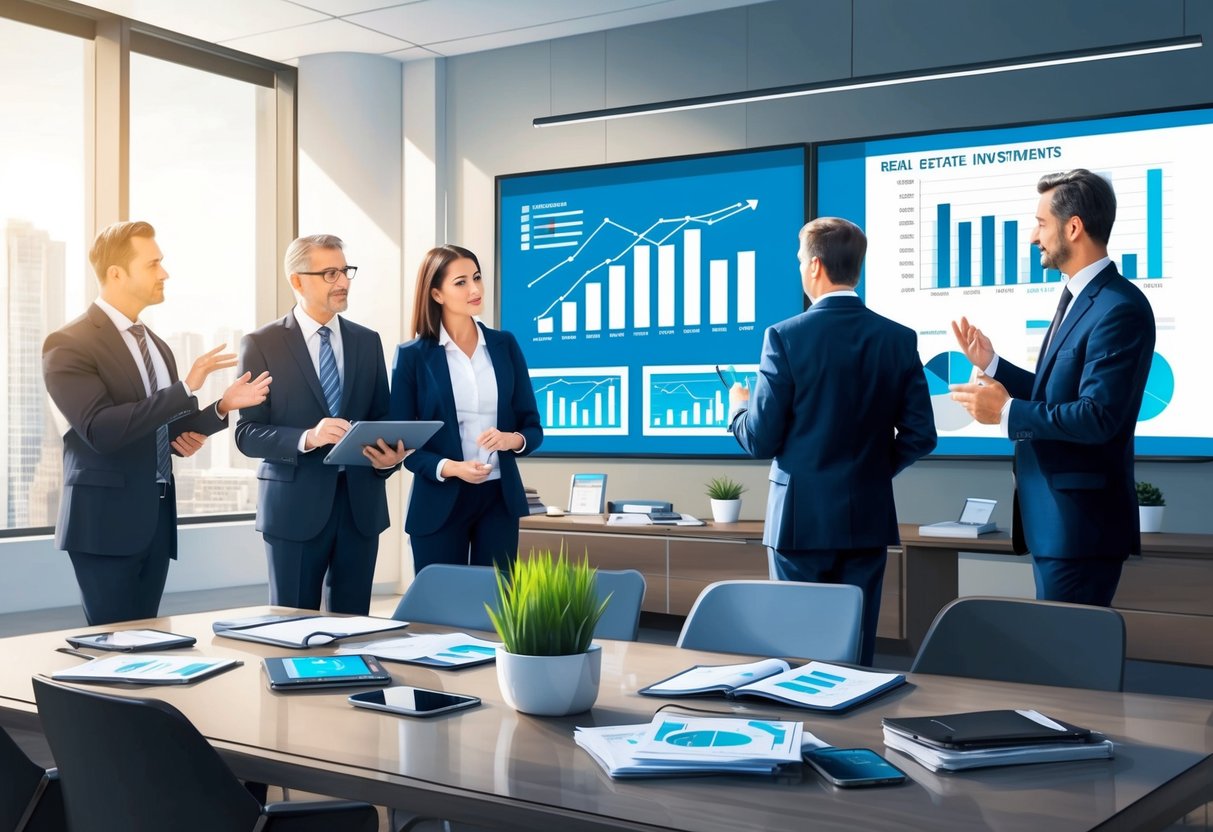 A group of professional advisors discussing real estate investments in a modern office setting with charts and graphs displayed on a large screen
