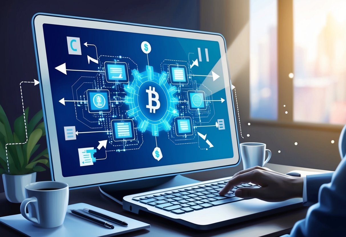 A computer screen displaying a series of interconnected blocks representing blockchain technology, with arrows symbolizing automation and passive income investments