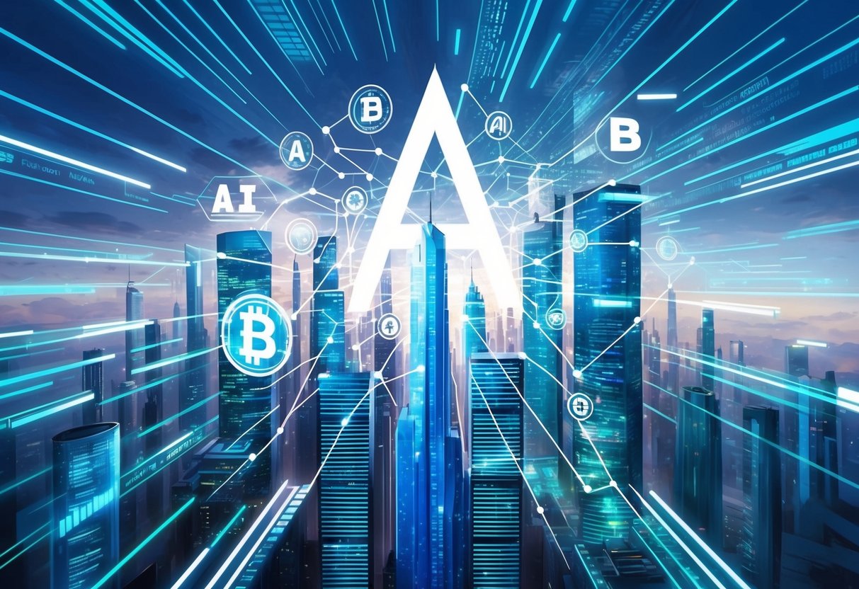 A futuristic city skyline with AI and blockchain symbols merging into a seamless network, surrounded by investment charts and data streams
