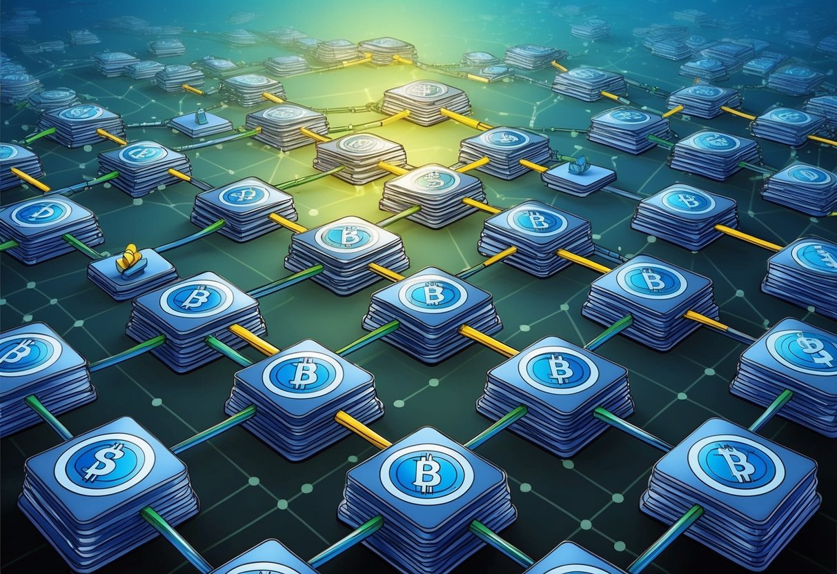 A network of interconnected blocks forming a decentralized system, with financial assets flowing automatically, symbolizing the advantages of blockchain in passive income investments