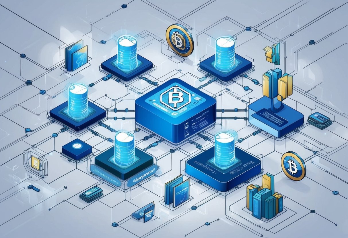 A blockchain network with interconnected nodes and digital assets, showcasing automated passive income investments