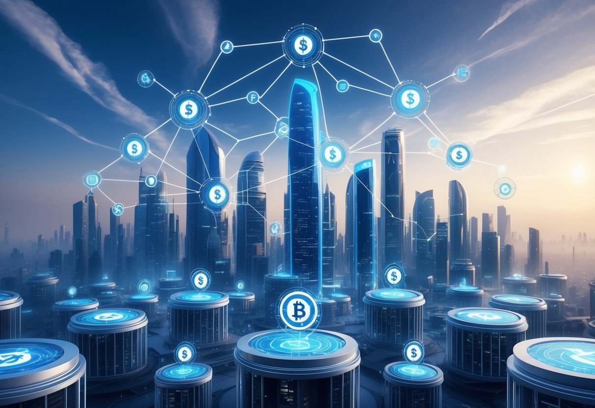 A futuristic city skyline with interconnected nodes representing blockchain technology, surrounded by automated investment vehicles generating passive income