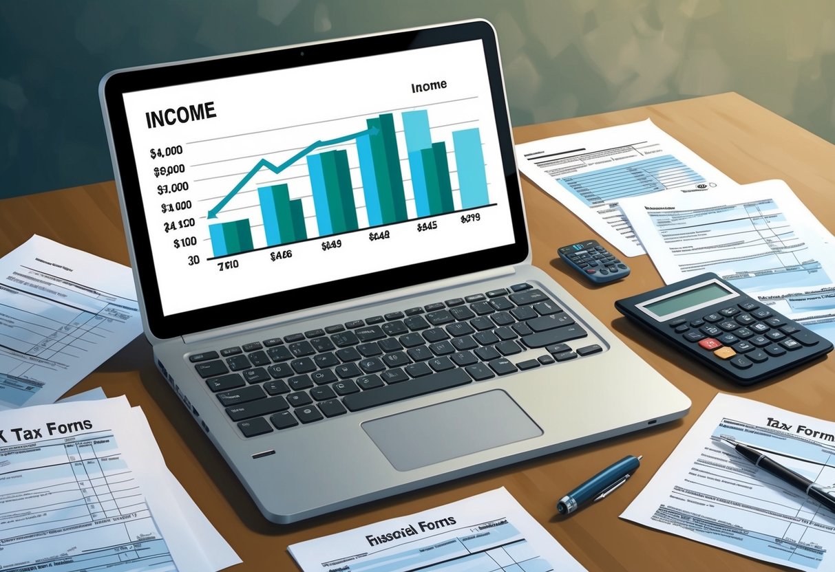 A laptop displaying a graph of income and tax forms, surrounded by financial documents and a calculator