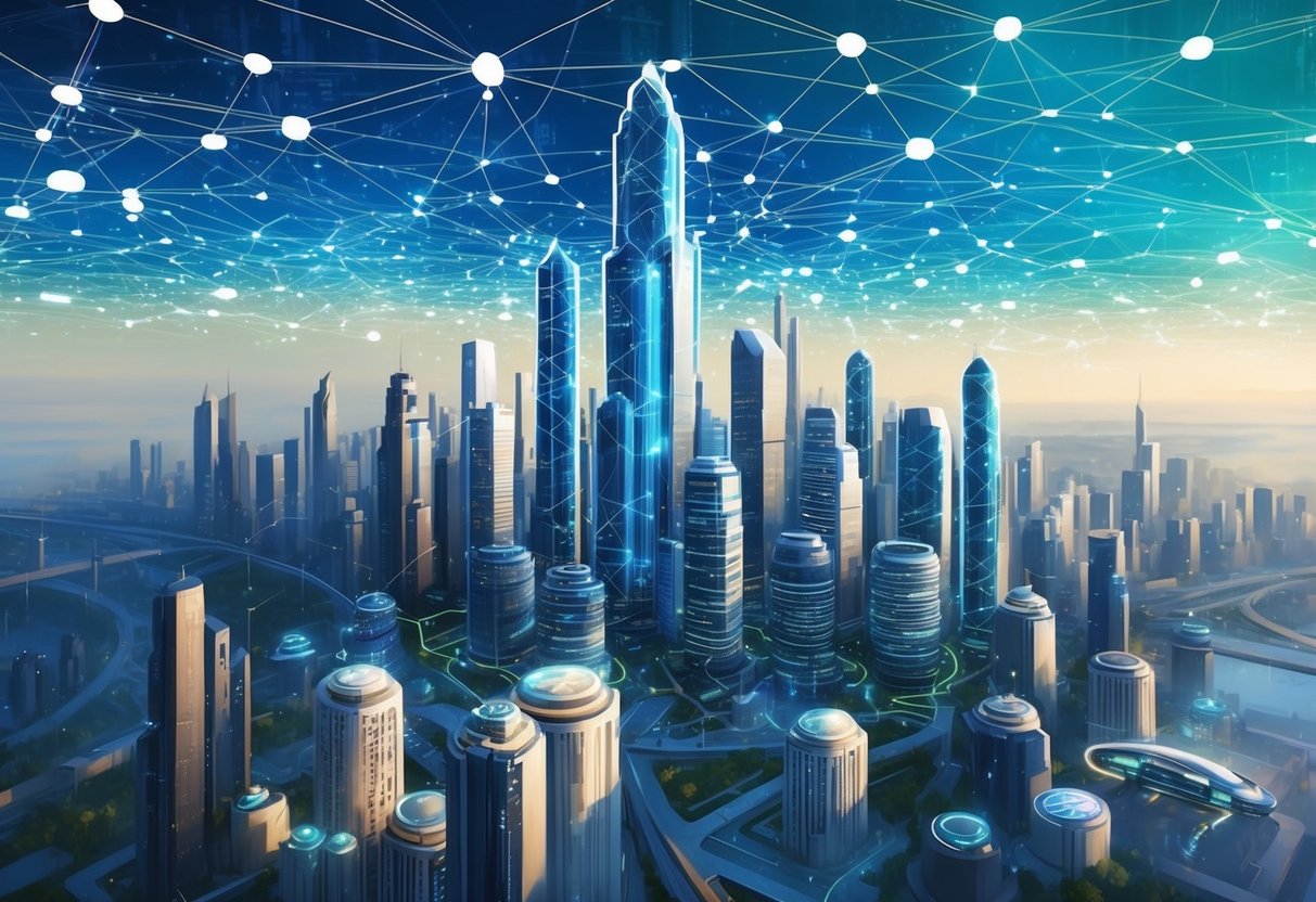 A futuristic city skyline with interconnected nodes representing blockchain technology, surrounded by automated investment vehicles and passive income streams