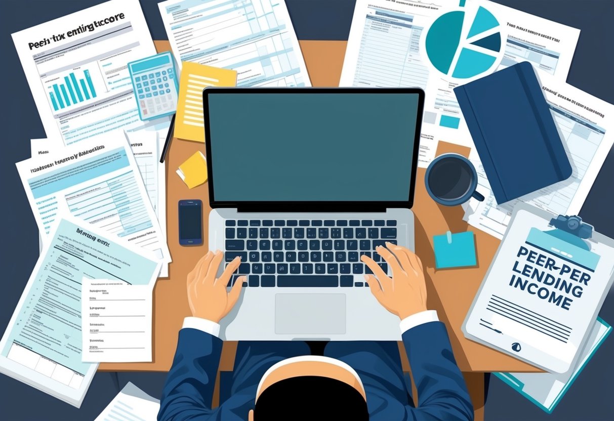 A person sitting at a desk with a laptop, surrounded by tax forms and documents related to peer-to-peer lending income