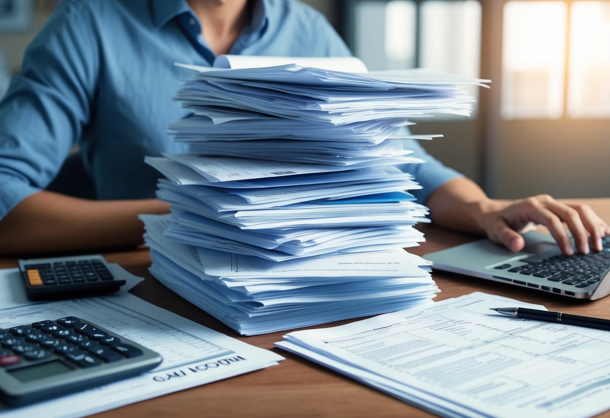 A stack of tax forms and financial documents spread out on a desk, with a calculator and laptop nearby. A person is typing on the laptop, with a focused expression