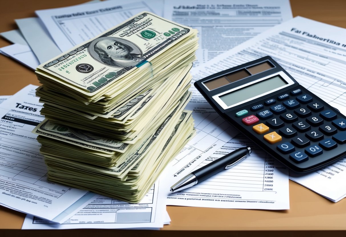 A stack of dollar bills and a calculator on a desk, with various tax forms and documents scattered around, representing the complexity of navigating taxes on peer-to-peer lending income