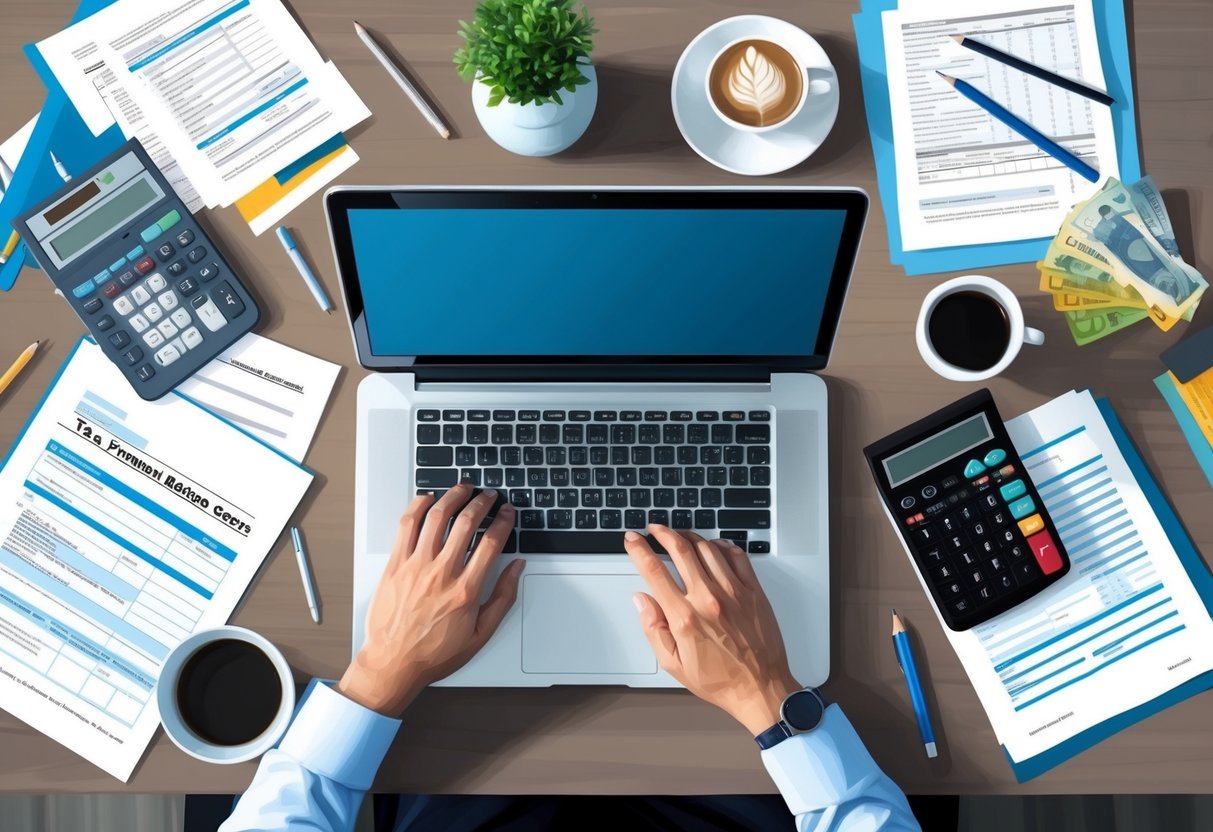 A desk with a laptop, calculator, and tax forms spread out, surrounded by financial documents and a cup of coffee