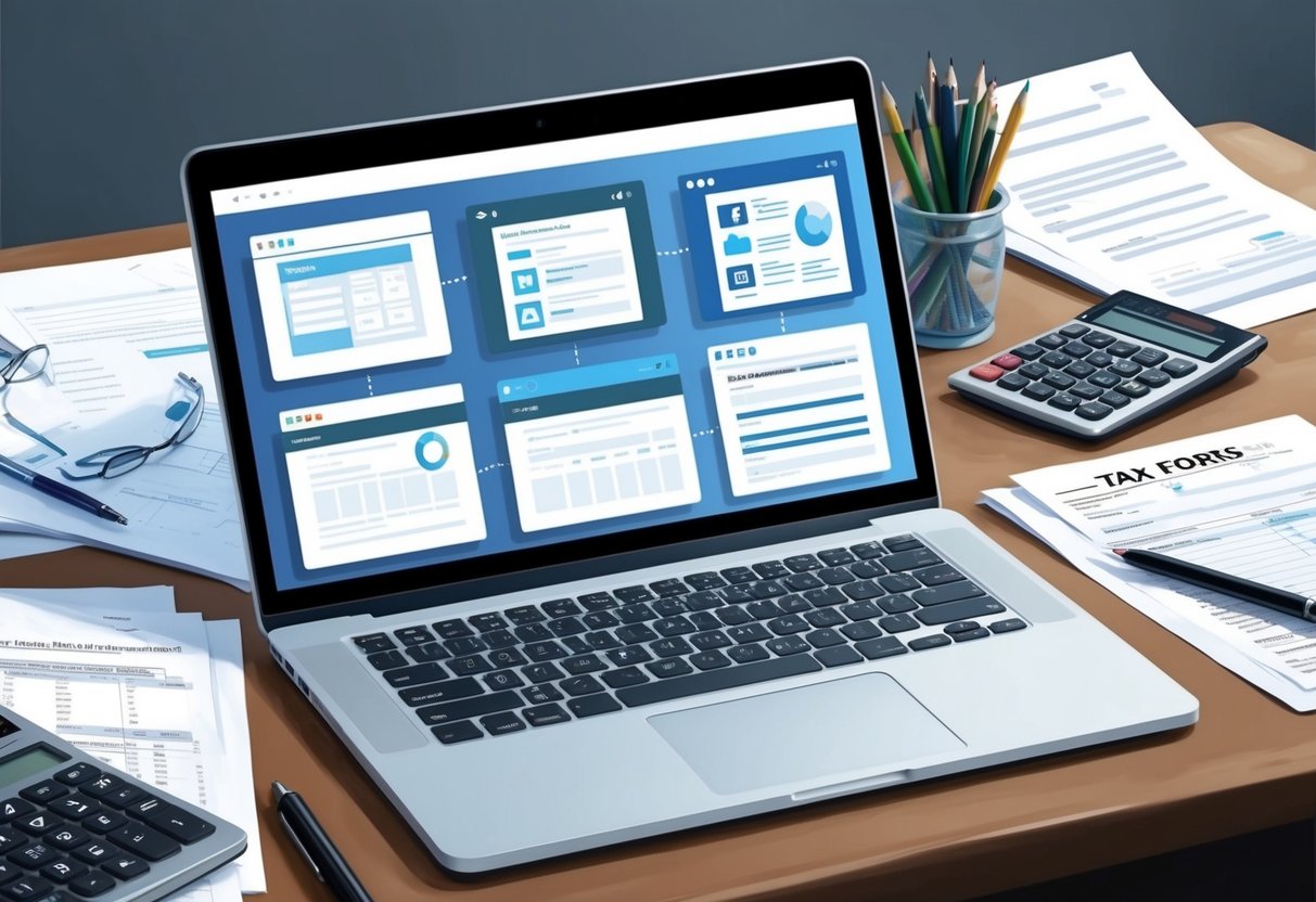 A laptop displaying various digital platforms and tax forms, surrounded by paperwork and a calculator