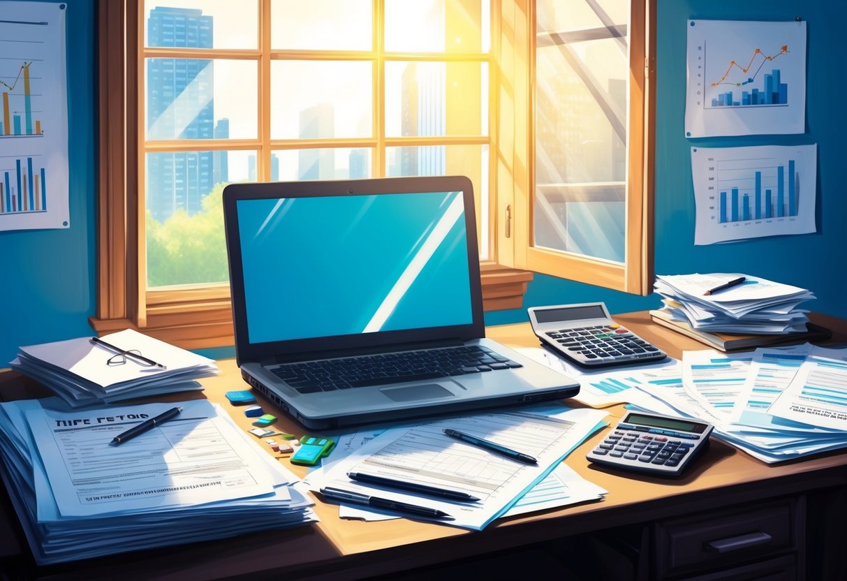 A cluttered desk with tax forms, a laptop, and a calculator. Charts and graphs on the wall. An open window with sunlight streaming in