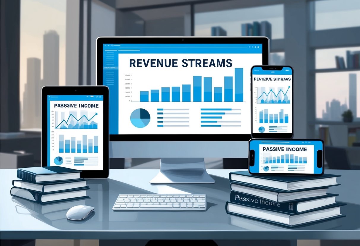 A sleek and modern office desk with a computer, tablet, and smartphone, all displaying graphs and charts of revenue streams. A stack of books on passive income sits nearby