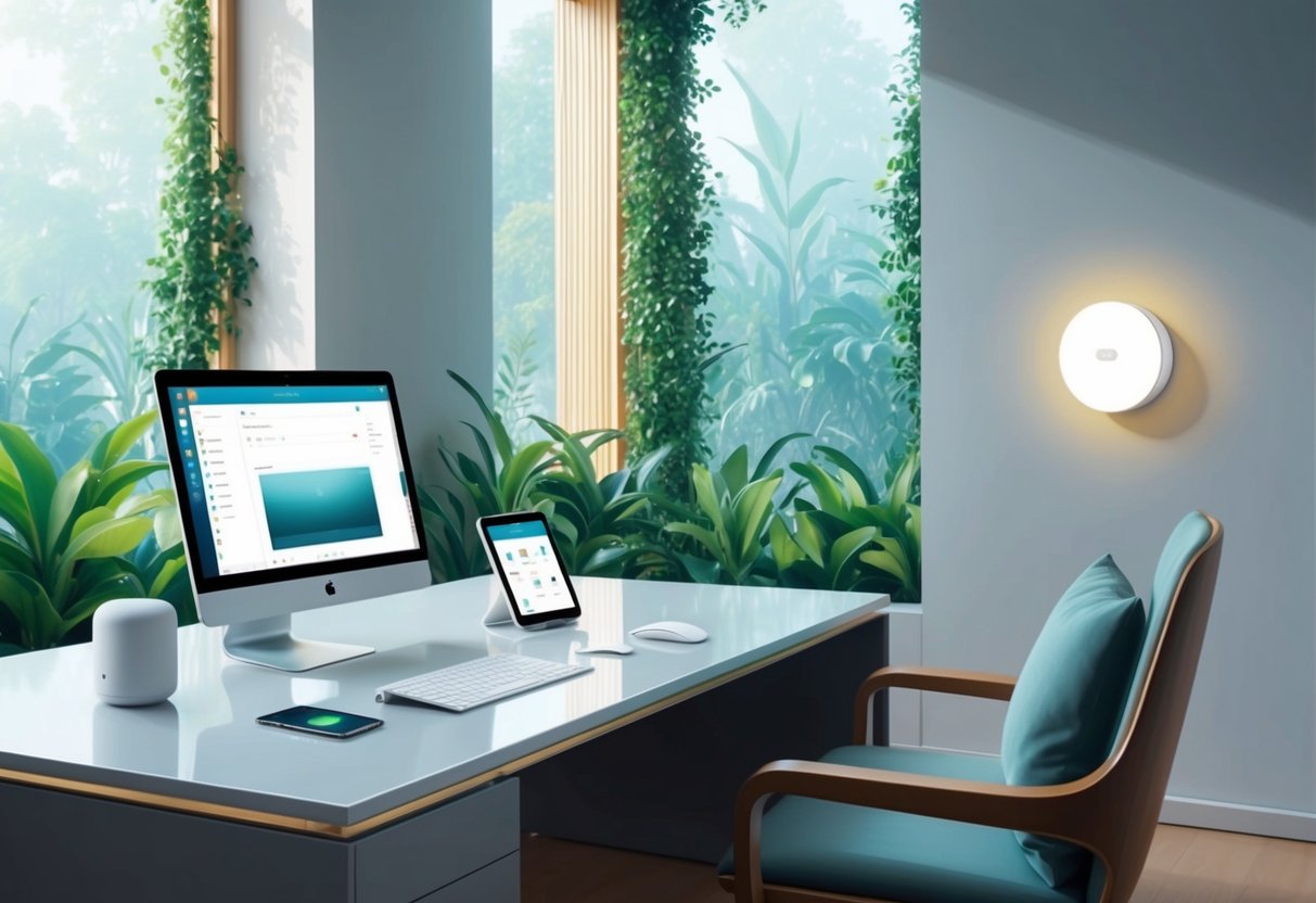 A serene, modern home office with a computer, tablet, and smartphone on a sleek desk. A lush indoor garden and a wall-mounted smart speaker create a tranquil, high-tech atmosphere
