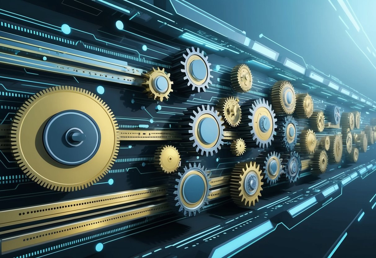 A series of interconnected gears and cogs, representing various streams of passive income, whir and spin in perfect harmony within a futuristic, automated ecosystem