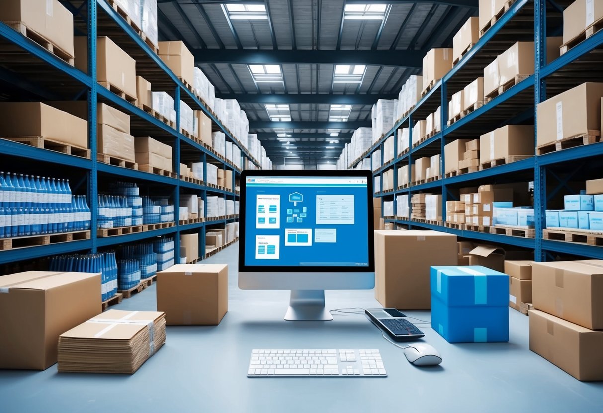 A warehouse with shelves of products, a computer with inventory management software, and packages ready for shipping