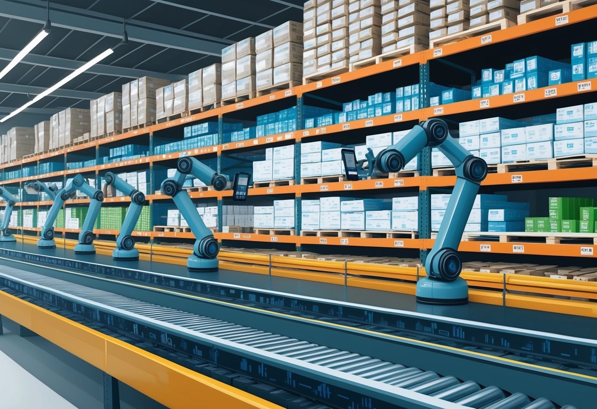 A warehouse with shelves of products being scanned and organized by robotic arms and conveyor belts