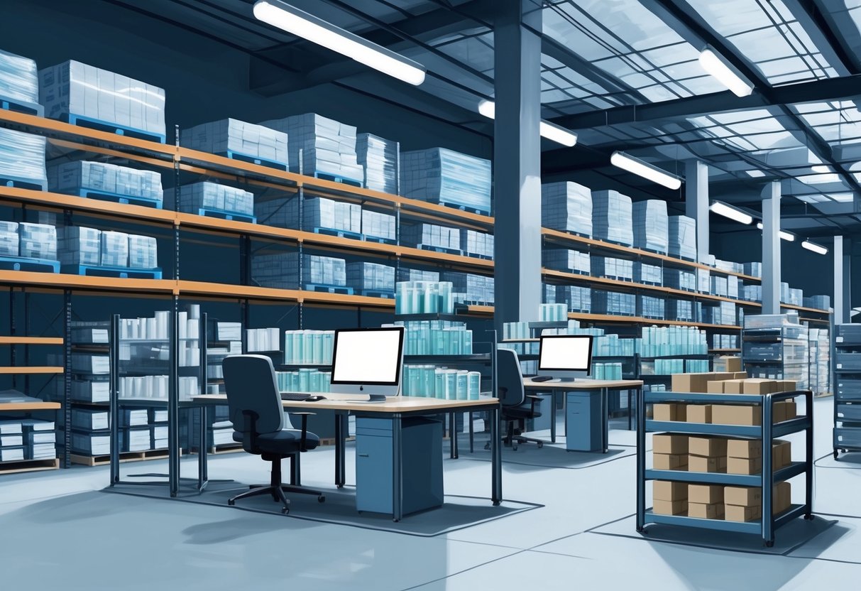 A modern warehouse with shelves of neatly organized products, a computer workstation, and automated inventory management systems in place