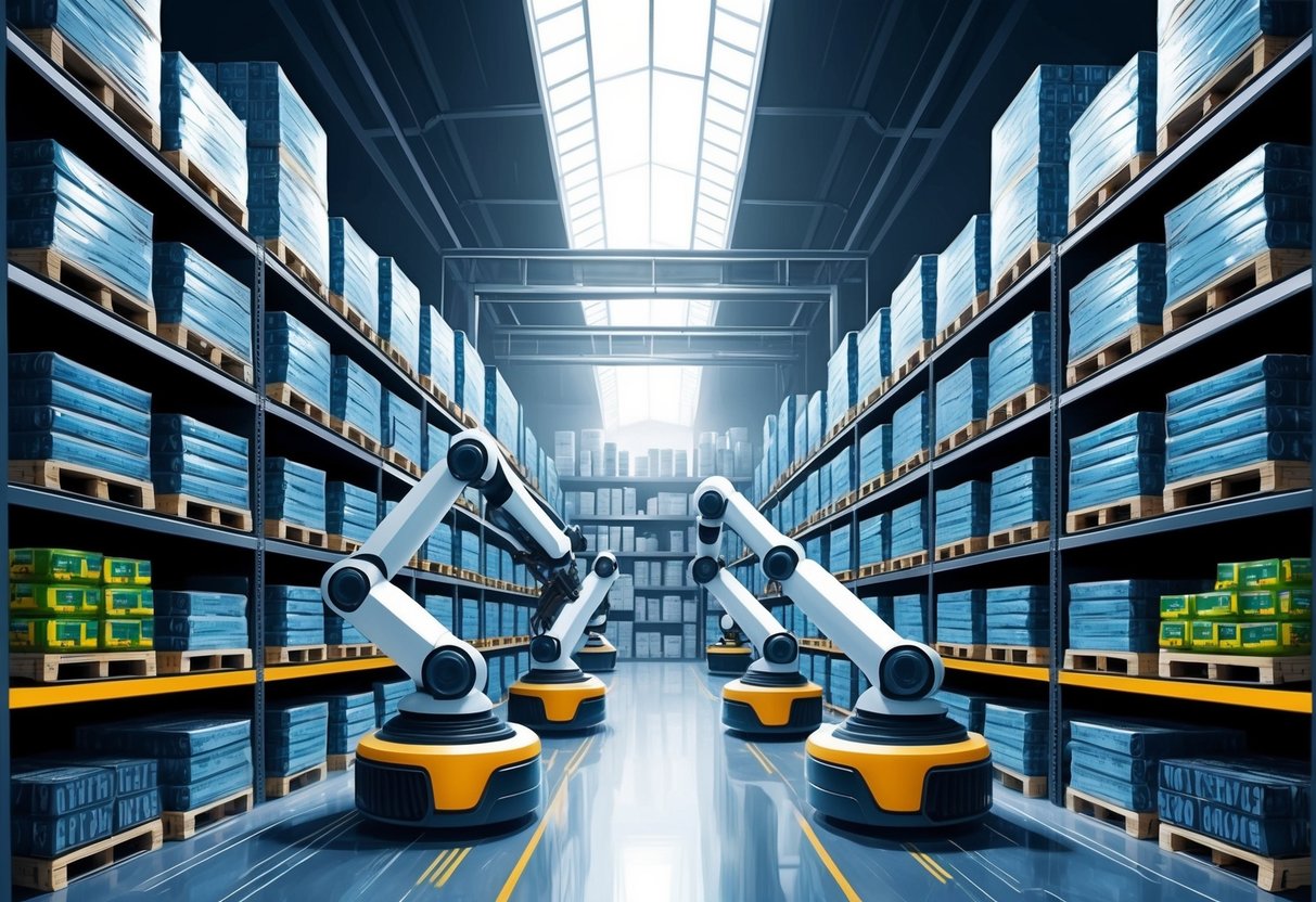A futuristic warehouse with robotic arms sorting and organizing shelves of products for online sales