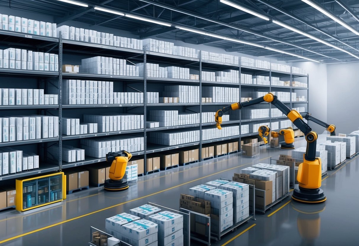 A sleek, modern warehouse with shelves of neatly organized products, robotic arms swiftly moving inventory, and a computerized system managing orders and shipments