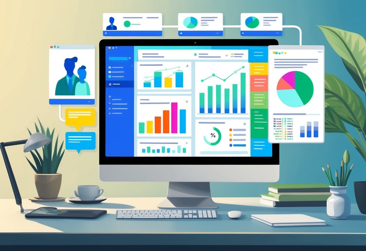 A computer screen displaying a seamless integration of customer feedback, inventory updates, and revenue graphs for an eCommerce business