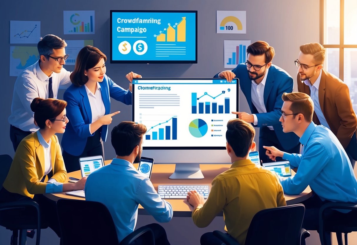 A group of people gather around a computer, discussing tax implications while pointing at charts and graphs. A crowdfunding campaign is displayed on the screen
