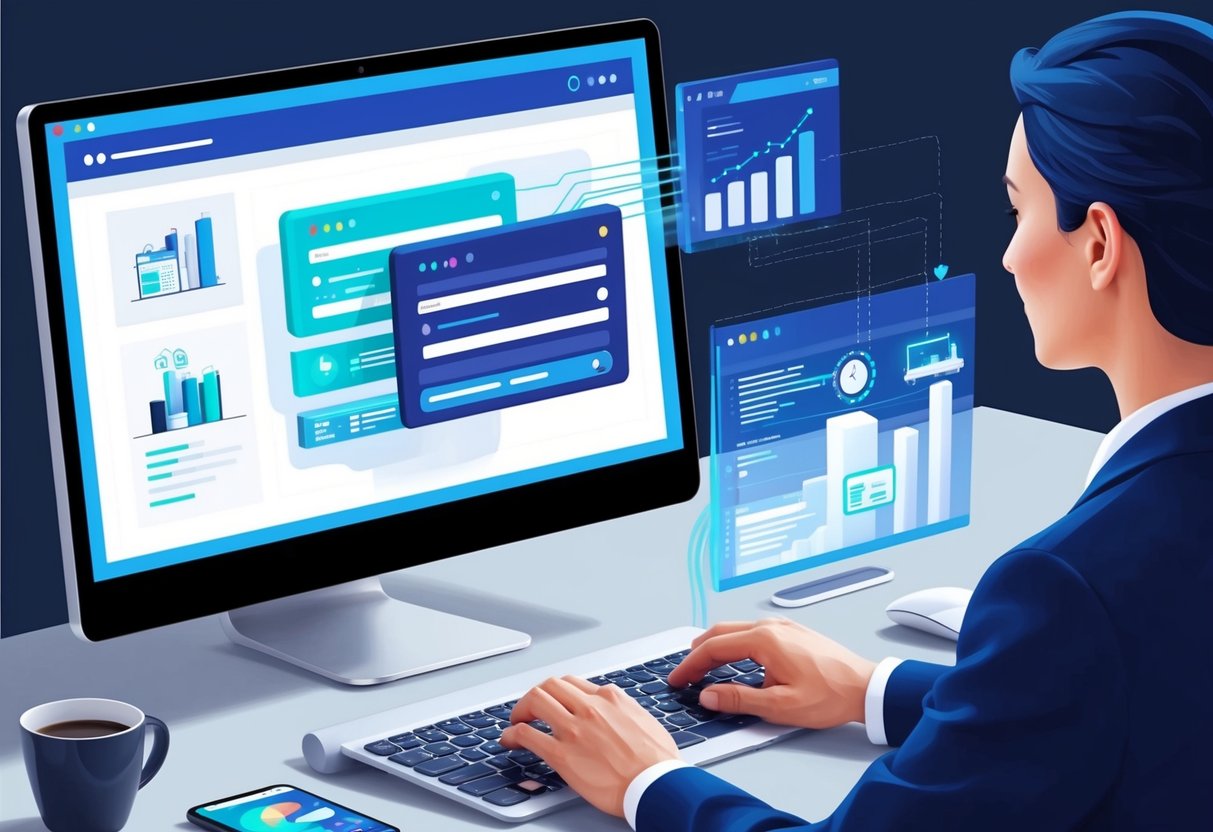 A computer screen displaying a seamless integration of inventory management software with an eCommerce platform, with automated processes in action