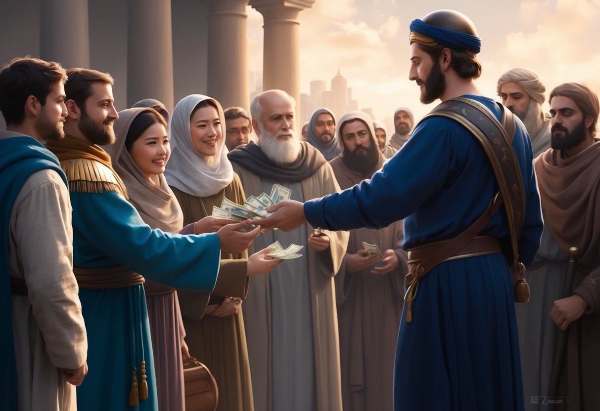 A person receiving money from a group of people, with a portion being taken away by a tax collector
