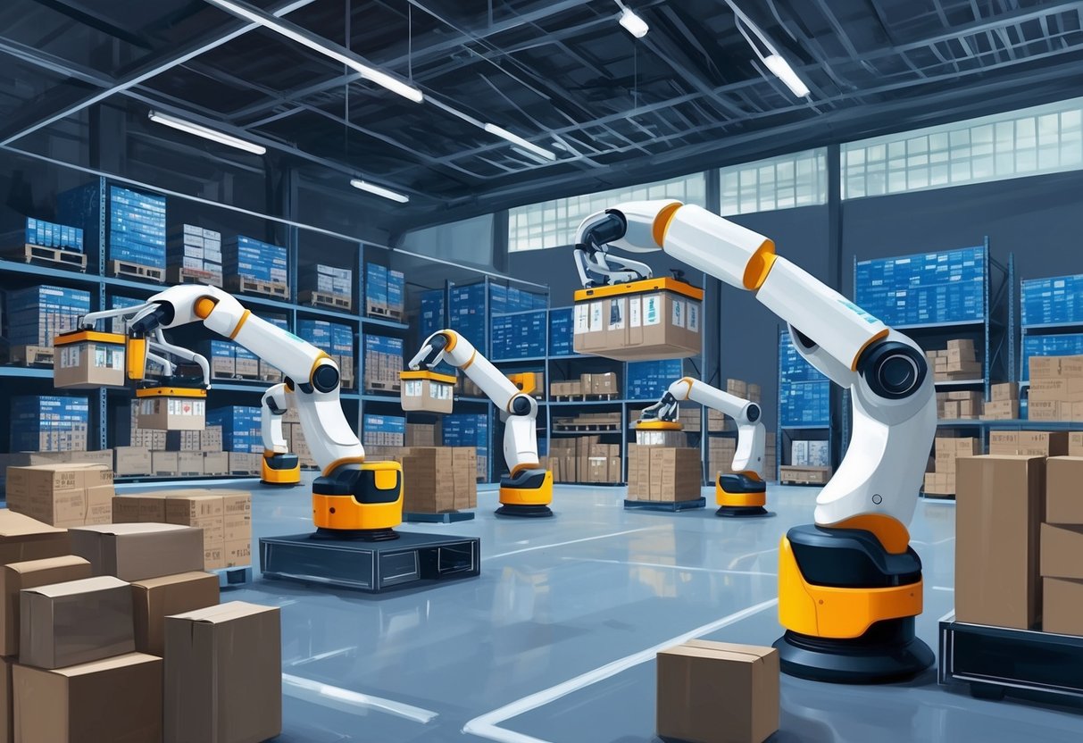 A futuristic warehouse with robotic arms swiftly moving and organizing products, while a digital system tracks inventory and sales data
