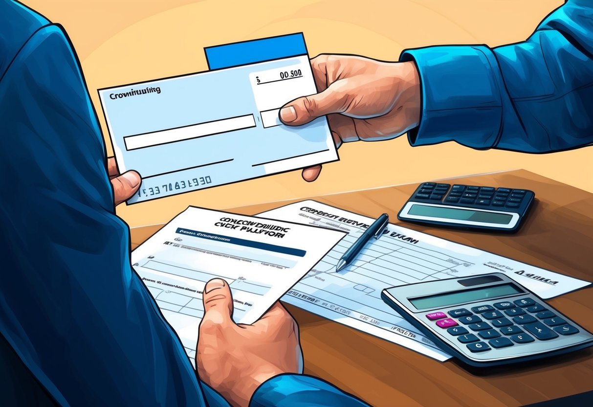 A person receiving a check from a crowdfunding platform, with a tax form and calculator nearby
