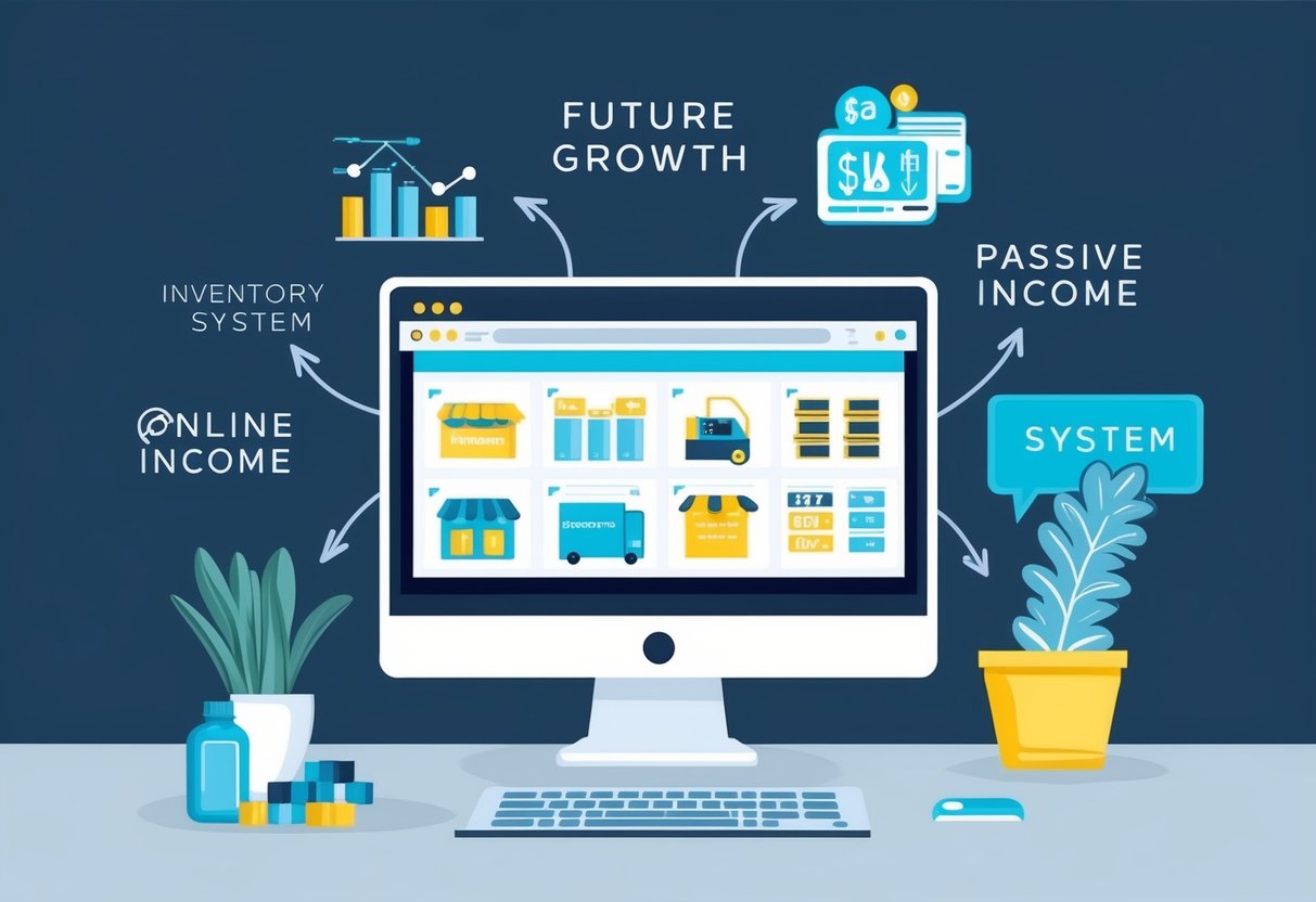 An automated inventory management system tracks products for an online store, with arrows pointing to future growth and passive income