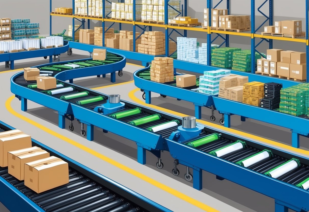 A warehouse with automated conveyor belts sorting and organizing various products for an eCommerce business. A computerized inventory management system tracks and measures the success of the operation