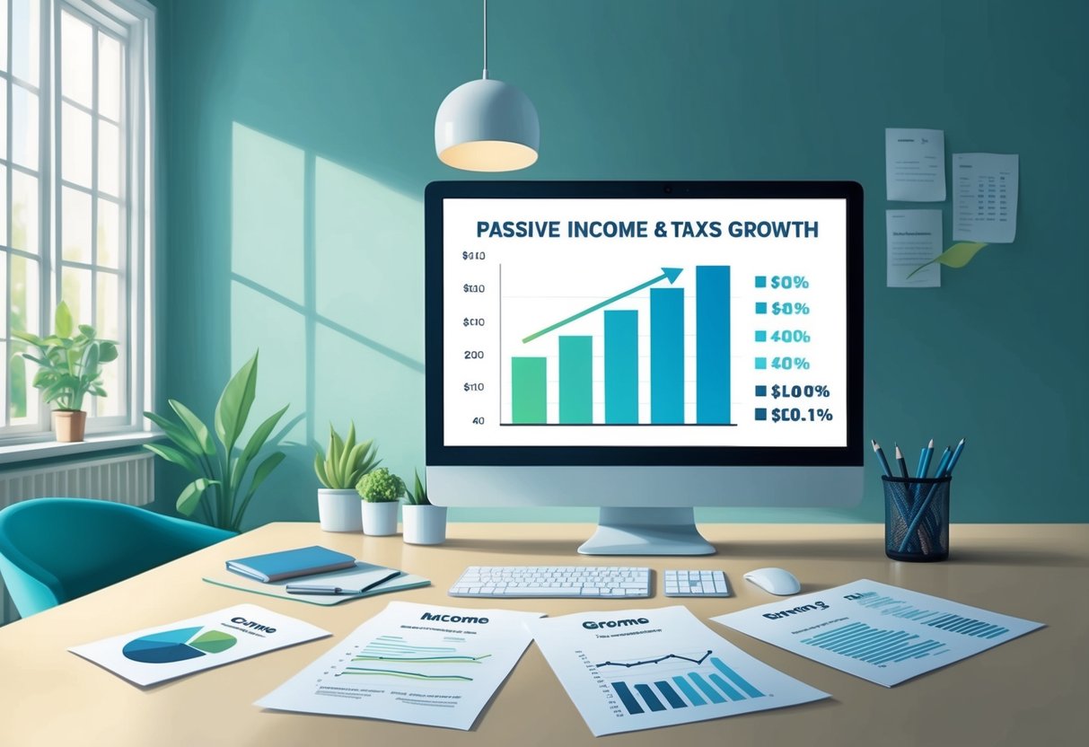 A serene, modern office space with a desk, computer, and financial documents. A graph showing passive income growth and tax advantages