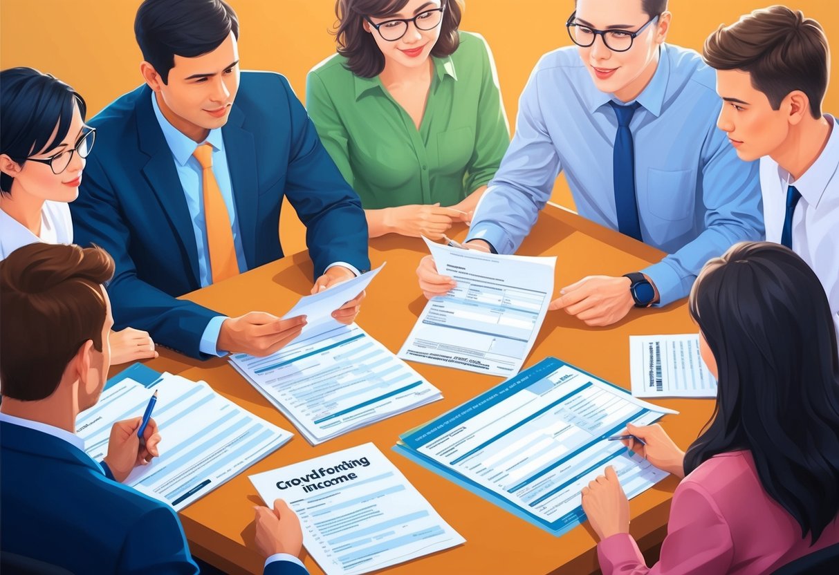 A group of people discussing financial documents and tax forms related to crowdfunding income