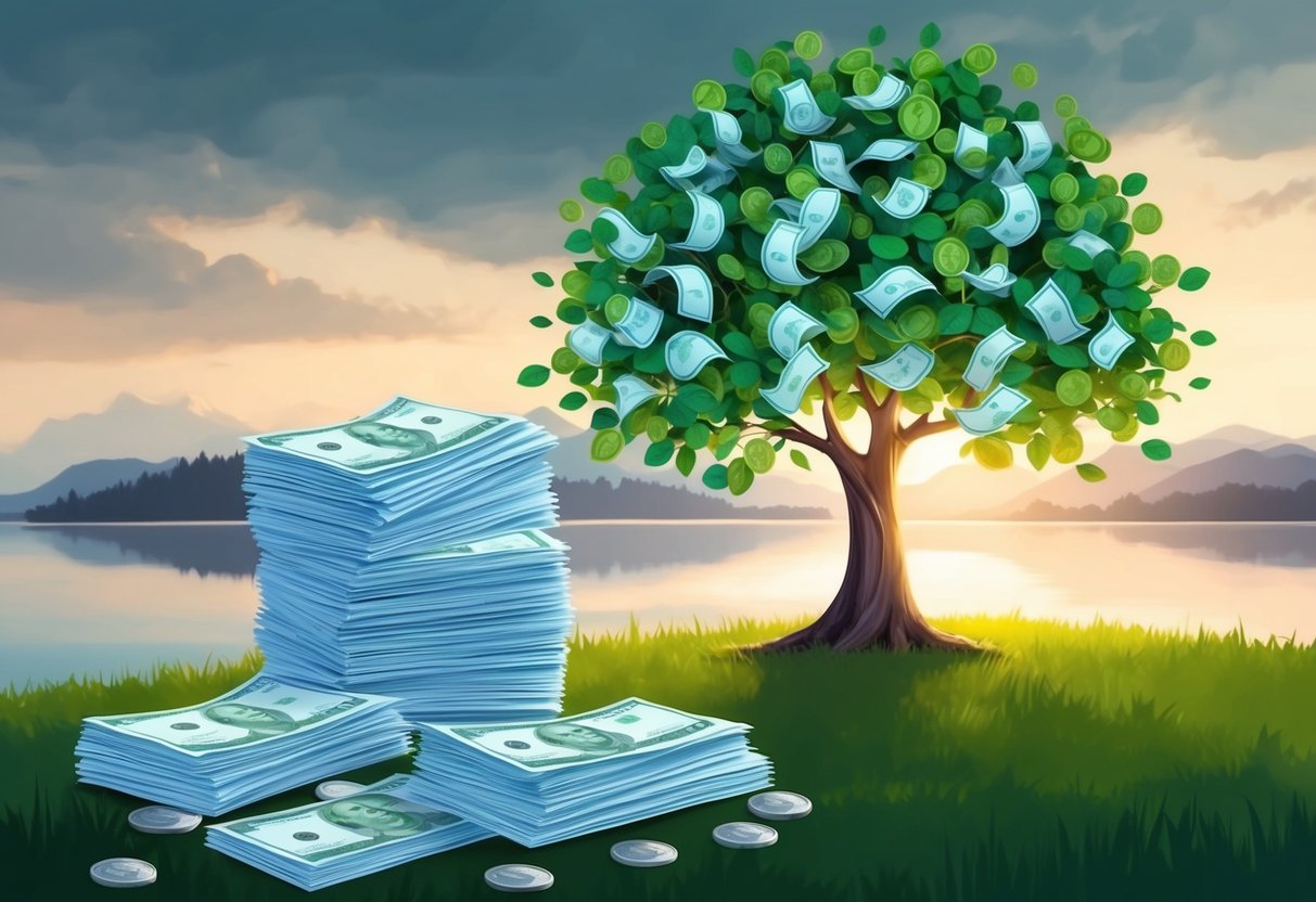 A serene setting with a stack of financial documents and a growing money tree symbolizing passive income investments