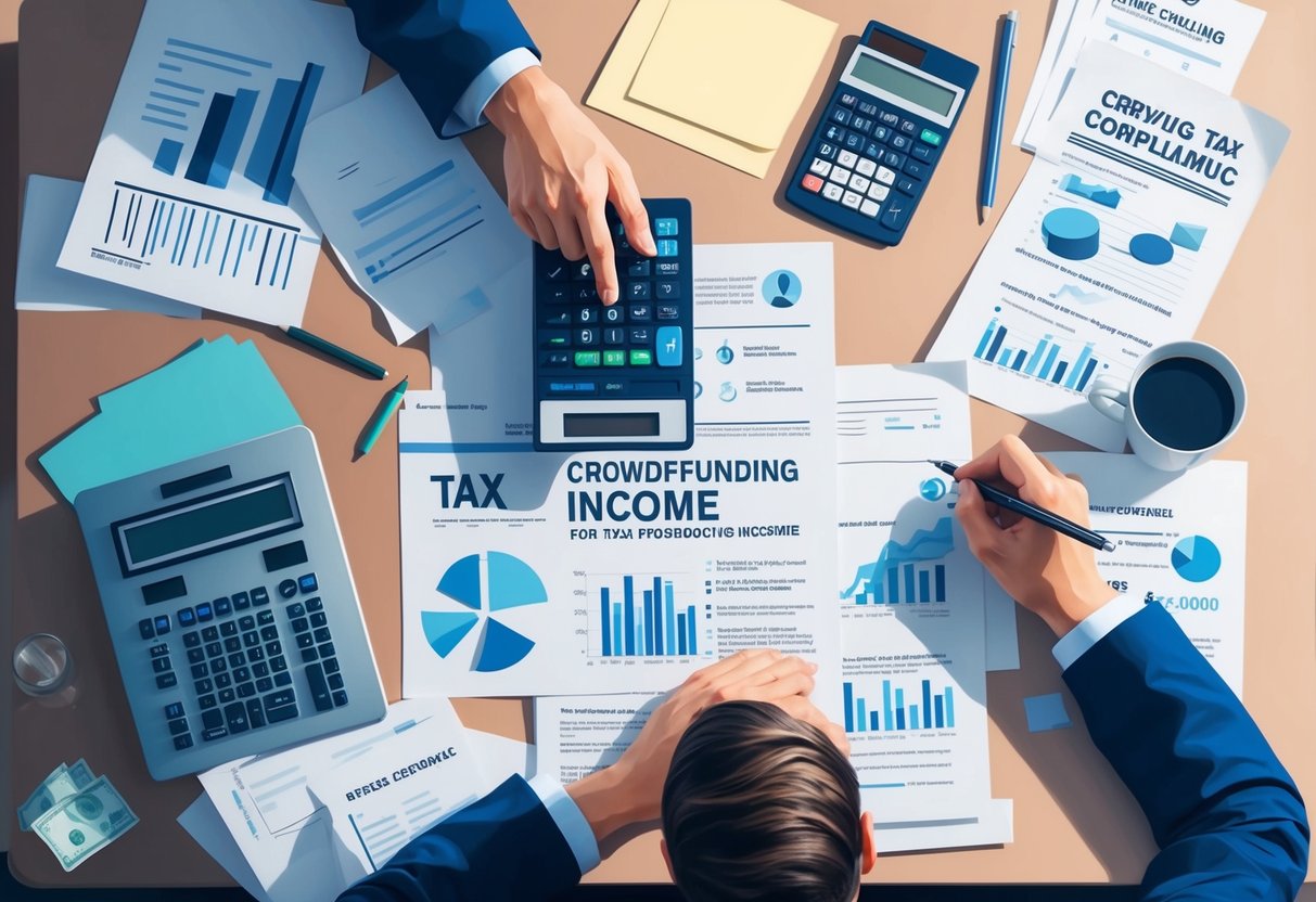 A person surrounded by paperwork, computer, and financial documents, with a calculator and pen, indicating tax compliance for crowdfunding income
