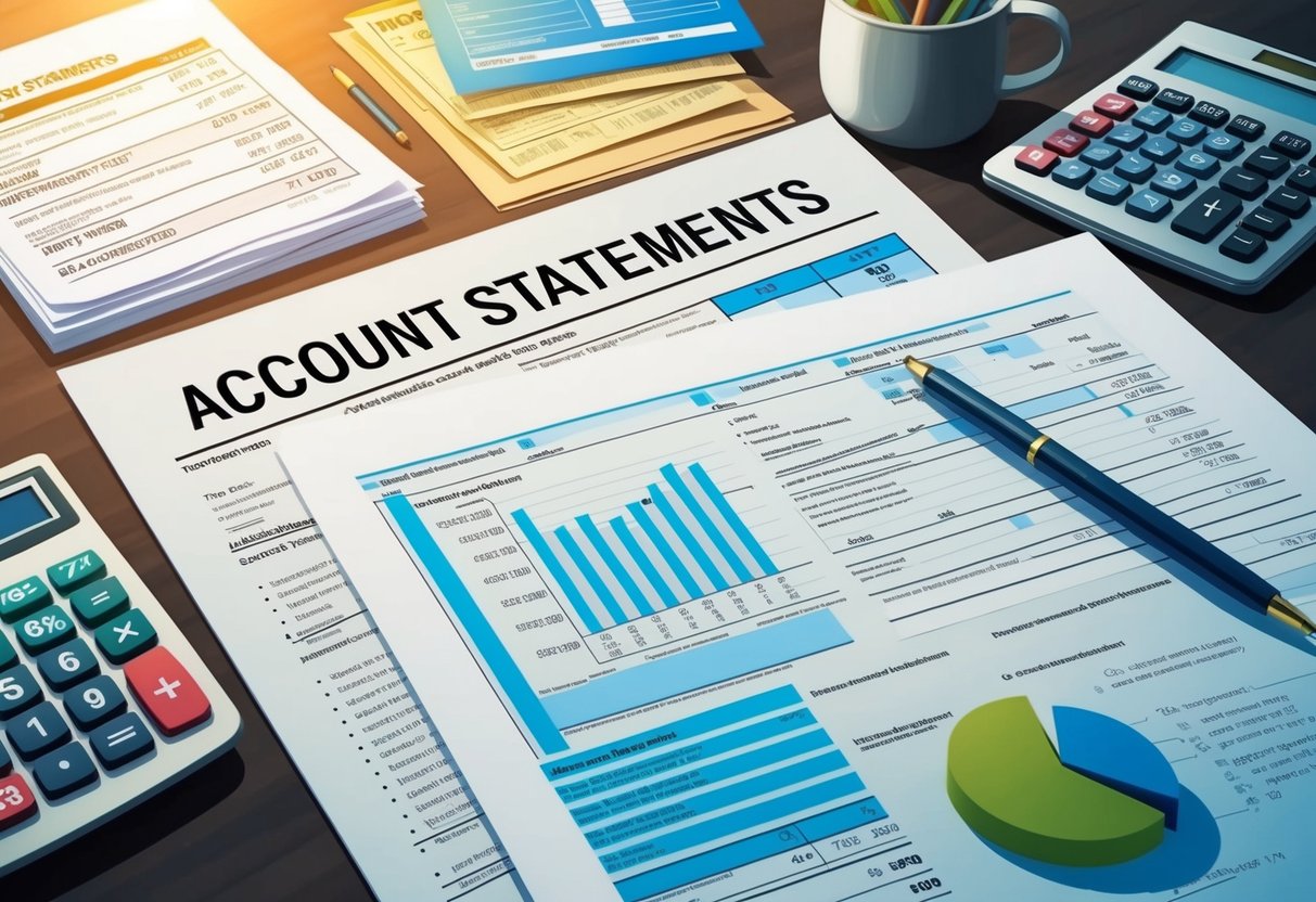 A desk with various account statements, investment charts, and tax forms spread out, with a calculator and pen nearby