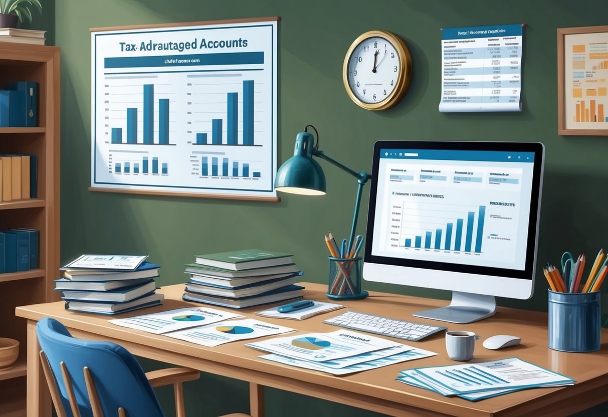 A cozy home office with a desk, computer, and financial documents. A stack of investment books sits nearby, and a chart of tax-advantaged accounts hangs on the wall