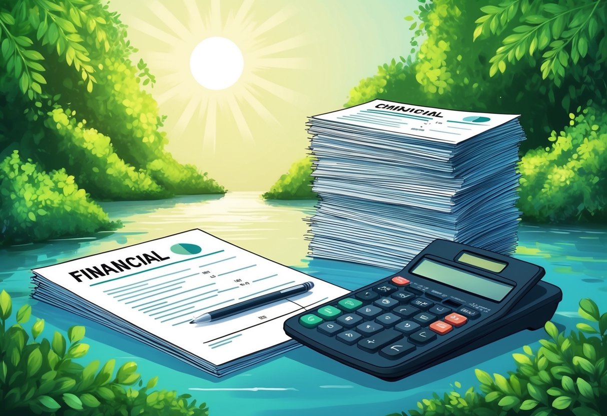 A tranquil setting with a stack of financial documents and a calculator, surrounded by greenery and a shining sun