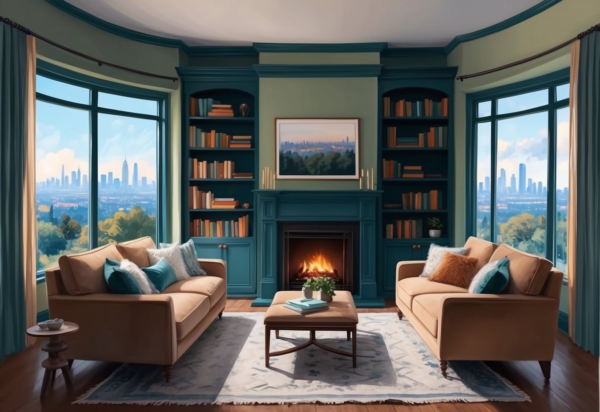 A cozy living room with a fireplace, bookshelves, and a large window overlooking a scenic view of a city skyline or natural landscape