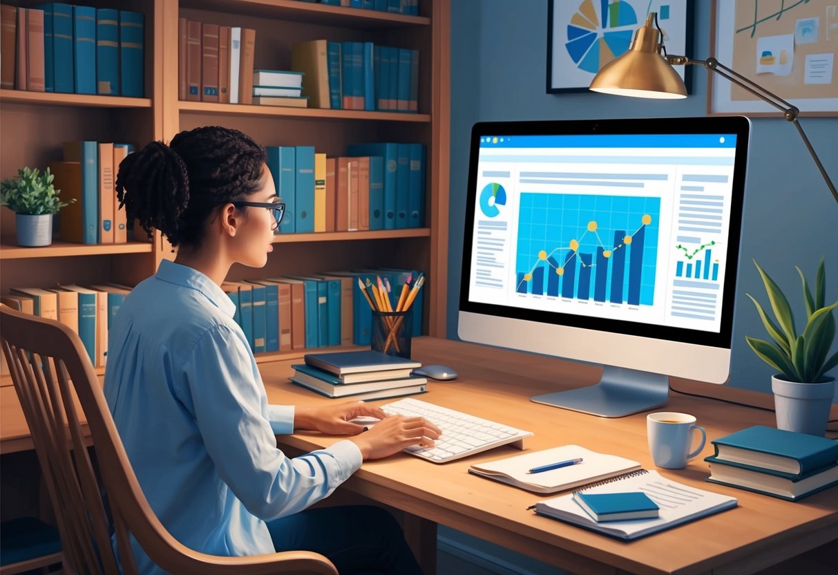 A cozy home office with a desk, computer, and shelves of financial books. A person is researching tax-advantaged accounts for passive income investments