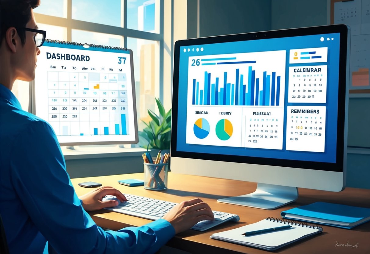 A computer screen displaying a dashboard with charts and graphs, while a calendar with scheduled events and reminders is open in the background