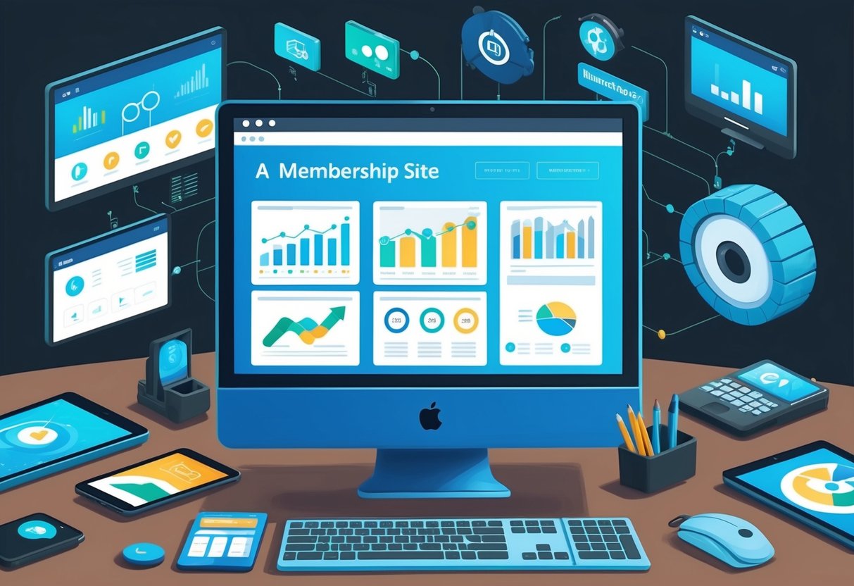 A computer screen displaying a dashboard with graphs and charts, surrounded by various devices and tools for managing a membership site