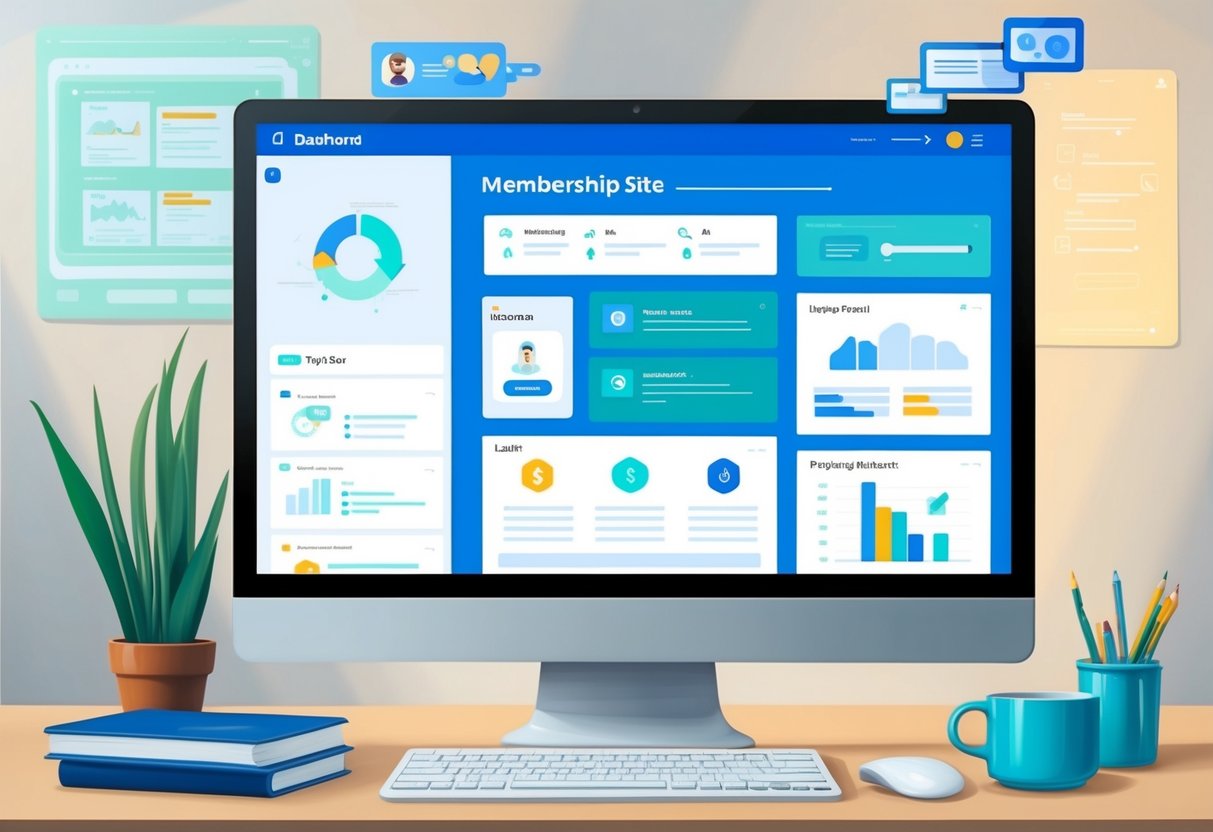 A computer screen with a dashboard displaying various tools for managing a membership site, including automation features for recurring revenue